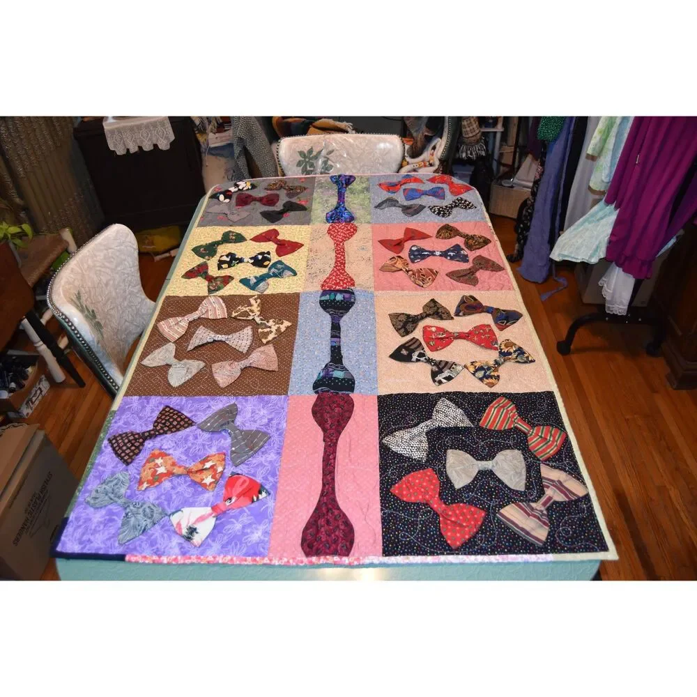 Handmade Bow Tie Quilt Lap Quilt Memorial Signed 2017 Applique 57x36